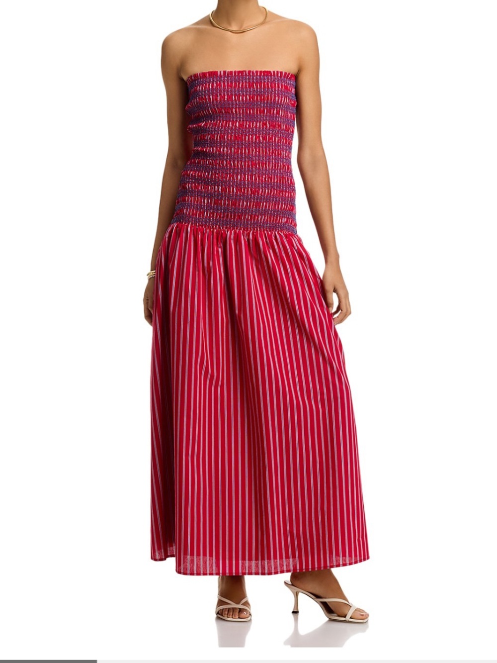 Line & Dot Strapless Pink Smocked Maxi Dress with Striped Skirt - Picture 4 of 5
